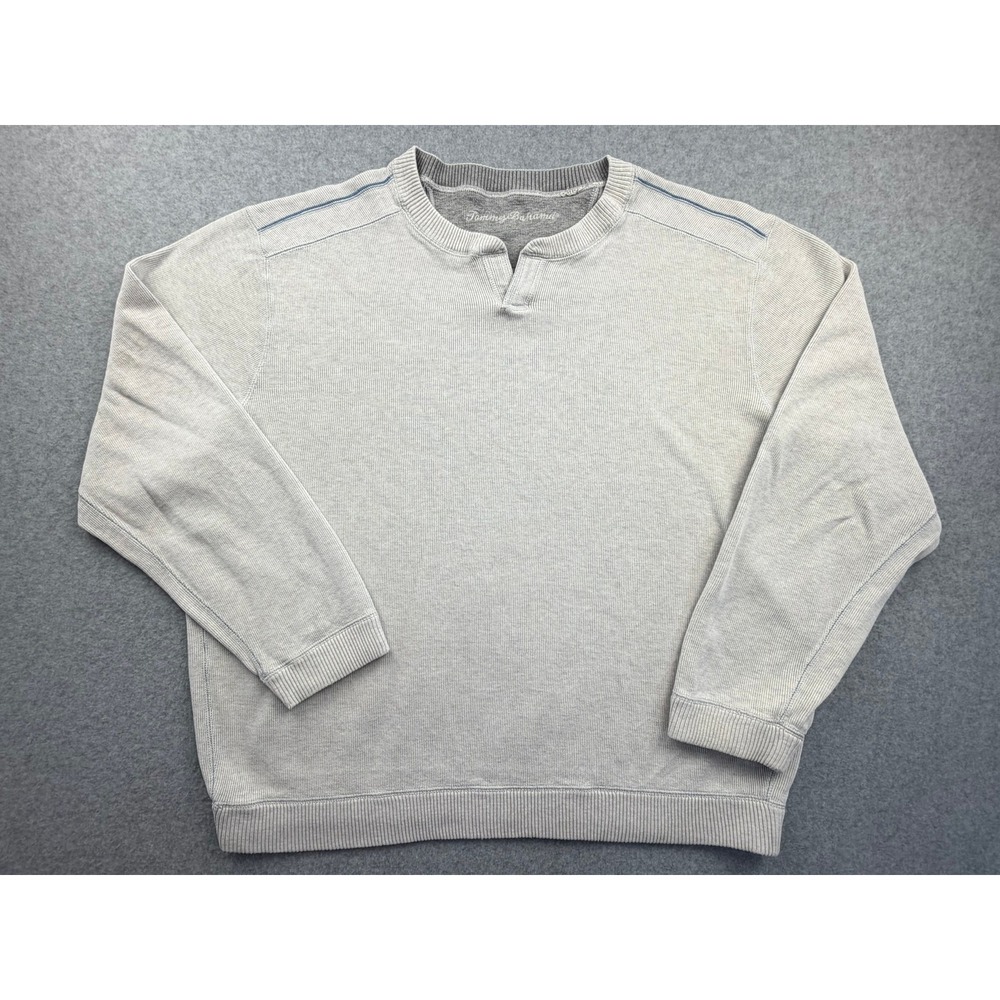 Tommy Bahama Mens Gray Ribbed Knit Split Neck Sweatshirt Marlin Logo Pullover